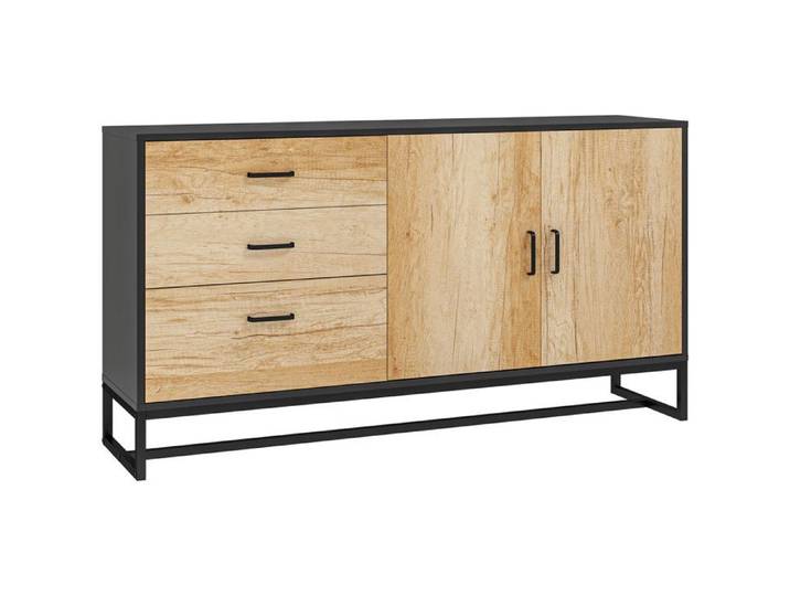 Buffet - MINIMAL - Buffet bas 140x35x75 cm - 3 tiroirs - étagère réglable - pieds acier