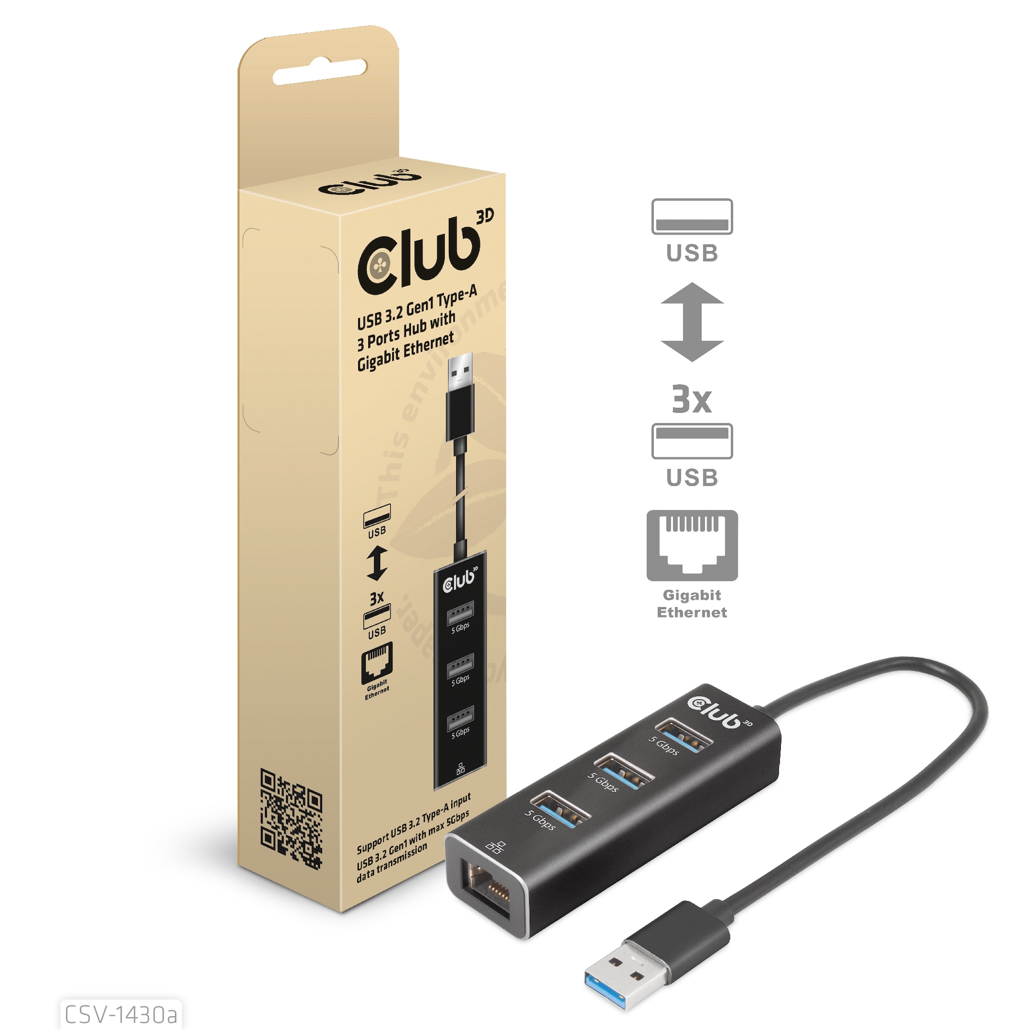 Club3D Club 3D USB 3.2 Gen1 Typ-A, 3 Ports Hub mit Gigabit Ethernet CSV-1430A