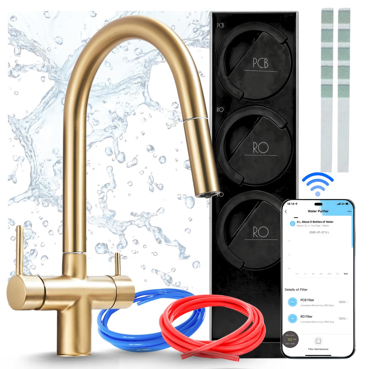 Küchenarmatur Mit Wasserfilteranlage Ari Slender Umkehrosmose Wifi Zweigriffarmatur Messing Gebürstetes Gold Keramikkartusche Perlator Luftsprudler