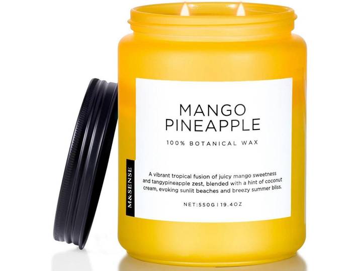 Duftkerze Mango-Ananas 550g Sojawachs 110 Stunden Brenndauer 2 Dochte, Gelb, Paraffin, 13 cm, Dekoration, Kerzen & Kerzenhalter, Duftkerzen
