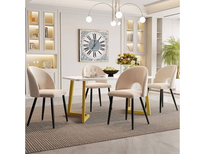 Table à Manger et 4 Chaises - Ensemble Salle à Manger - Merax - Velours Beige - Pieds Réglables - Merax