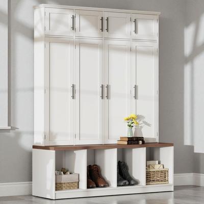 Fundinbaths "Farmhouse Hall Tree with Walnut Bench, 8 Doors, 4 Hidden Hooks, Entryway Shoe Cabinet with Open Cubbies, 59"" Wide"