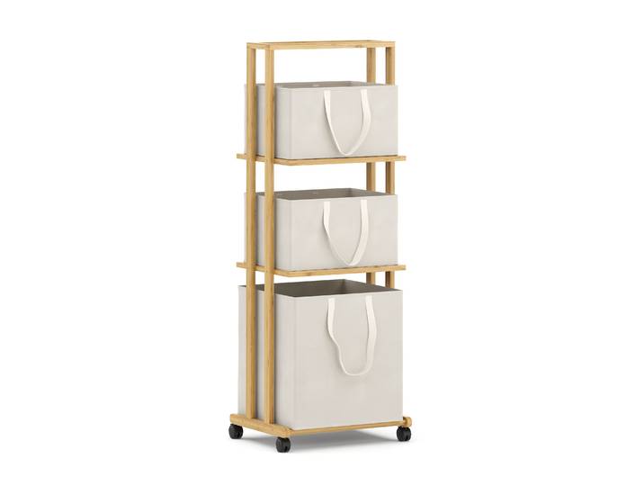Badezimmerregal Wäschekorb Bambus auf Rollen 3 Fächer 110L