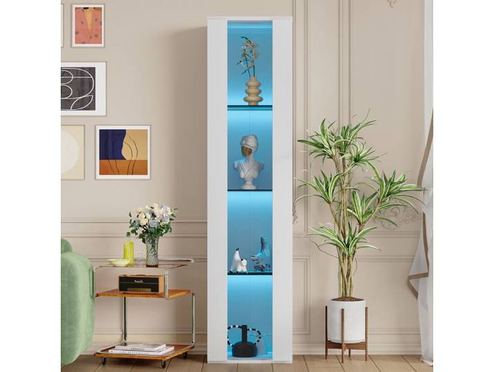Meuble rangement vitrine 4 niveaux avec porte vitrée LED multicolore réglable par application 40x29x170 cm Grjofek