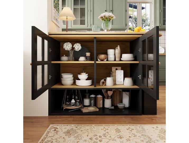 Buffet bas - SOGEU - Rotatif 360° - 5 plateaux - Extensible 138-204 cm - Portes verre trempé