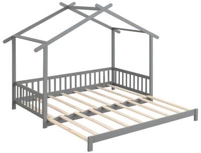 Costway Extendable House Bed Twin to King Daybed with Roof and Fence Rails-Gray