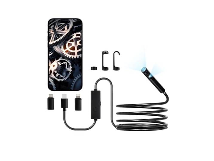 VEVOR Caméra Endoscopique Double Objectif Endoscope pour Android iOS avec Câble Semi-rigide 3 m\, 8 + 1 Lumières LED\, Zoom\, Étanche IP67\, Caméra Serpent d'Inspection HD 1920p pour Automobile\, Plomberie