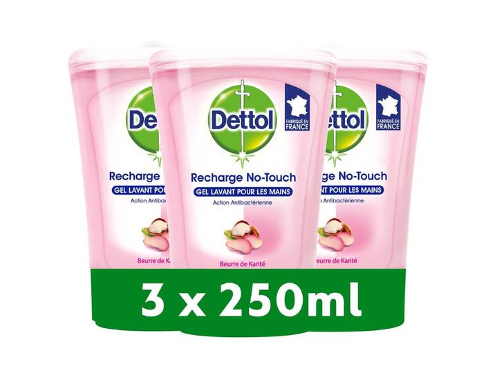 Dettol Recharge No Touch Eau de Rose et Beurre de Karité Bouteille 250 ml – Lot de 3