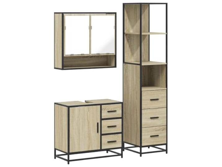 POUFGDR Badezimmermöbel-Set, 3-teilig, Eiche Sonoma, Wandschrank Holzwerkstoff, Metallrahmen, Wandbefestigung, Oberseite mit Loch für Spüle, Badezimmeraufbewahrung
