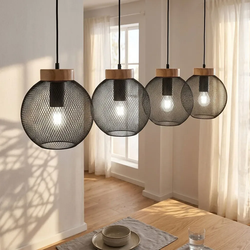 Hängeleuchte Käfig Design Hängelampe Esstisch Pendelleuchte Holz Kugelform, Metall Gitter schwarz, Fassungen 4x E27, LxBxH 95x20x120 cm