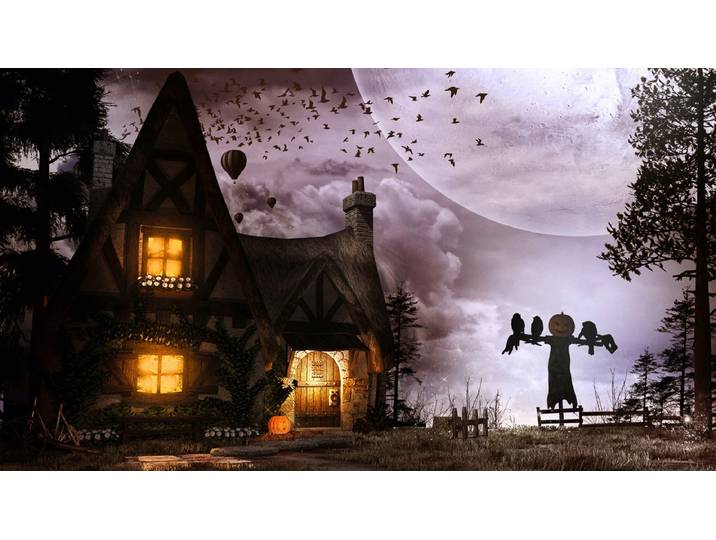 Fototapete PAPERMOON Alte Hütte und Vogelscheuche , bunt, B:4m L:2,6m, Vlies, Tapeten, Fototapete