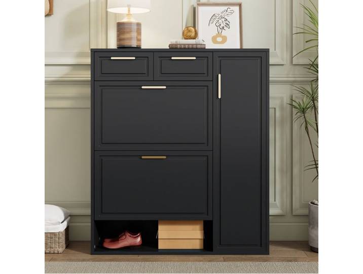 JOINERY Schuhschrank meuble entrée noir 95 24 107 cm avec étagères réglables tiroirs et portes pour rangement chaussures