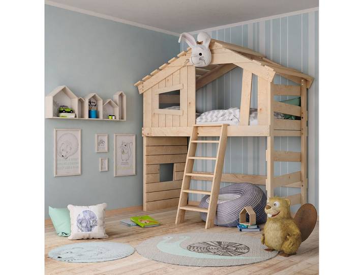 bibex Hochbett ALPIN CHALET Hochbett, Kinderbett, Etagenbett, Hausbett - natur 90x200