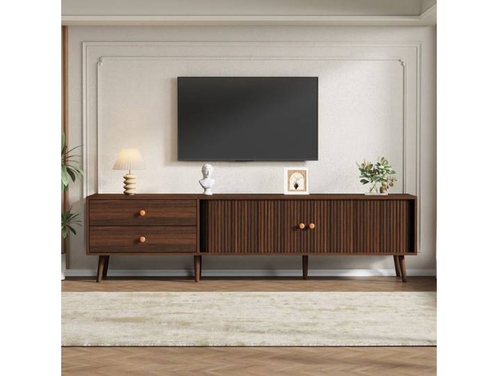 Meuble TV noyer de 180x40x46 5cm avec deux tiroirs deux portes roulantes et 7 pieds pour téléviseurs Jusqu'à 80 “.Lowboard Meuble TV
