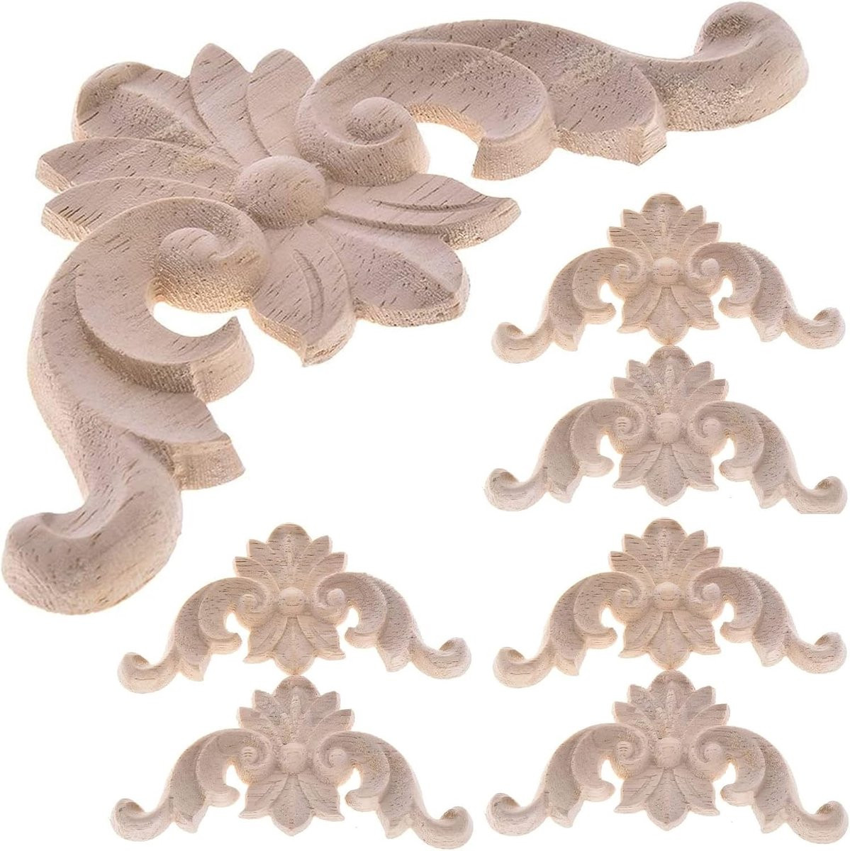 Set van 6 Vintage Houten Ornamenten voor Meubels - Gegraveerde Decoratie Sculptuur Appliqué Onlay - Onbehandeld Houtsnijwerk