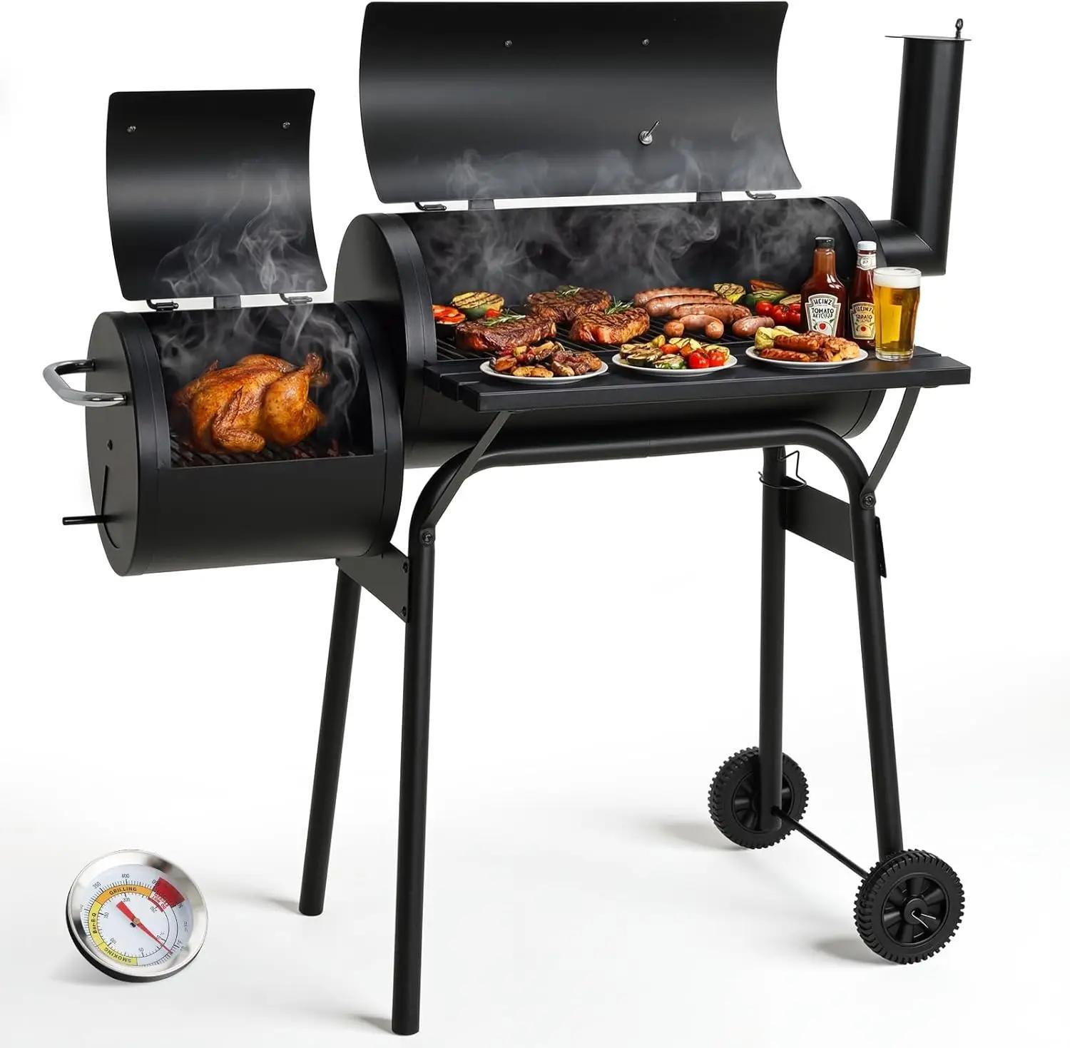 2-in-1 Holzkohlegrill & Smoker - Grillwagen - Holzkohlegrill mit Räucherfunktion - porzellanemaillierter Stahl - Grillfläche 60 x 26,5 cm - Schornstein, Thermometer, 2 Räder
