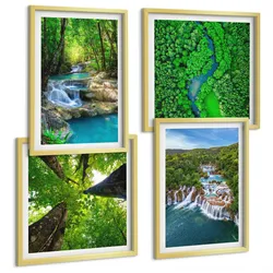 BILDER SET 4er Set - 50x50 cm & 40x60 cm Goldrahmen - Wasserfälle grüner Wald Wasser