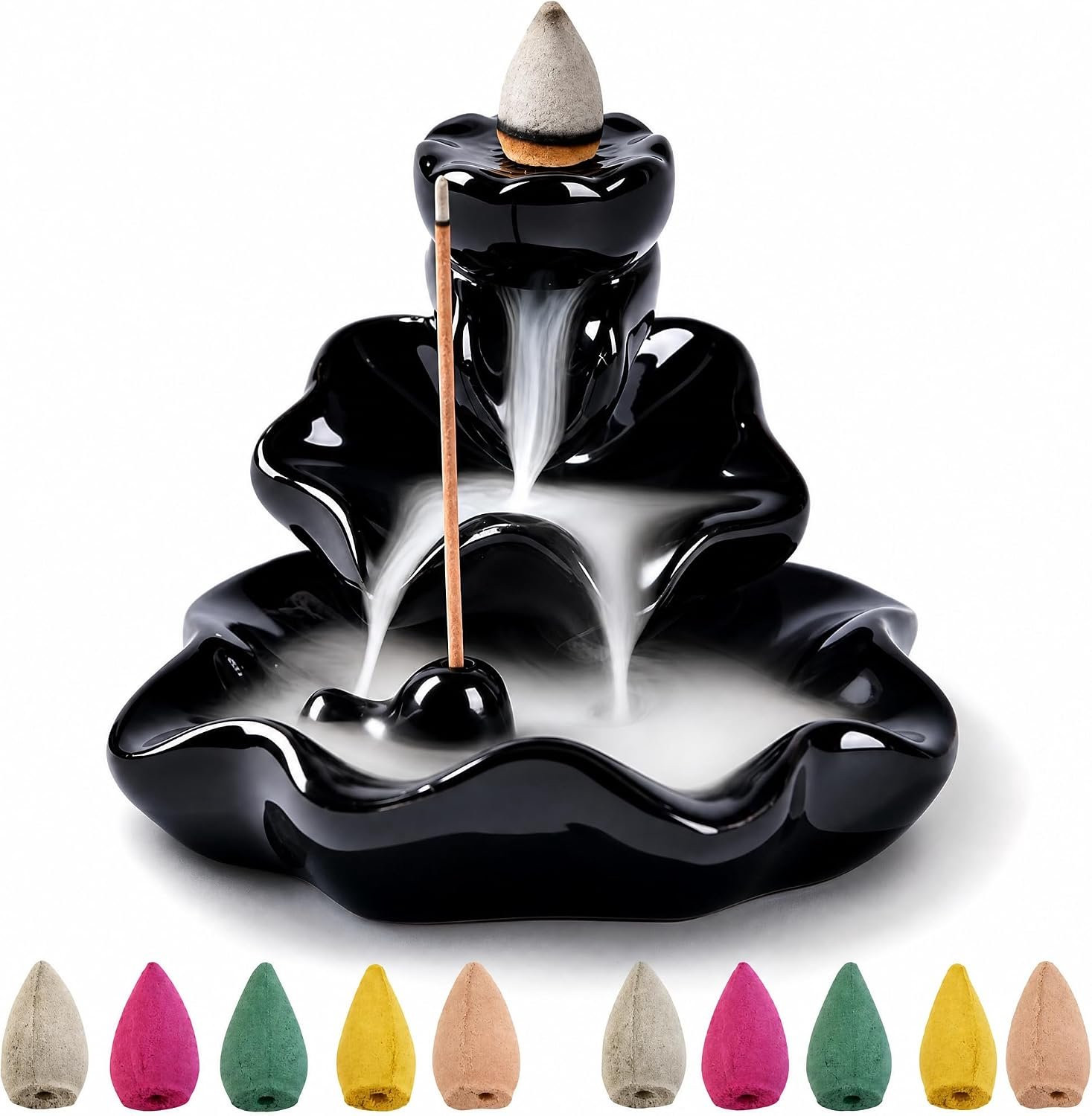 Homevero Ceramic backflow wierookbrander lotusvorm met 10 stuks wierookkegels