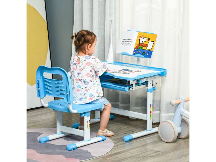 HOMCOM Bureau et Chaise Enfant Réglables 6-12 Ans Bleu