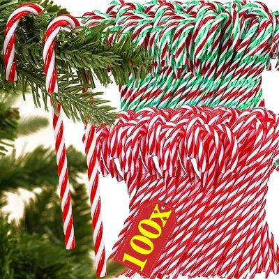 Discount Dollar Deals Ornament Plastic Christmas, Christmas Candy Cane, Indoor Party Favor Twisted Crutch Candy Canes, Tree Hanging Decoration 100pcs green 5.91 In
