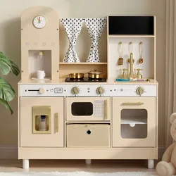 VEVOR Spielküche für Kinder, Moderne Kinderküche mit Licht & Sound, Holzküche mit Herd Backofen Spüle Mikrowelle Eisspender & Getränkespender, Küchenspielzeug mit Kochset für Kinder ab 3 Jahren, Beige