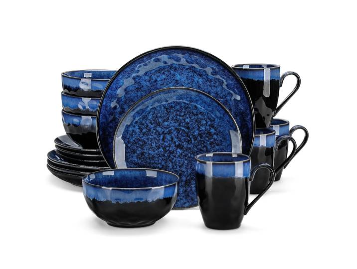 VANCASSO service vaiselle complet bleu étoilé 16/32/48 pièces, service de vaisselle avec glaçure à changement de four avec assiette à dîner, assiette à dessert, bol, tasse vaisselle de luxe