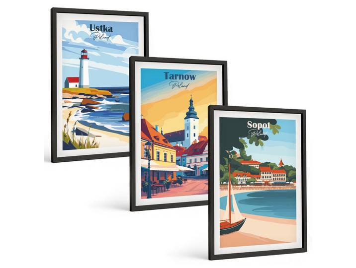 Tulup Bilder SET 3er Set - 40x60 cm Schwarzer Rahmen - Stadtansichten Ustka Tarnów Sopot, Kunststoff, Rechteckig, 40x60 cm, gerahmt, Bilder & Rahmen, Bilder
