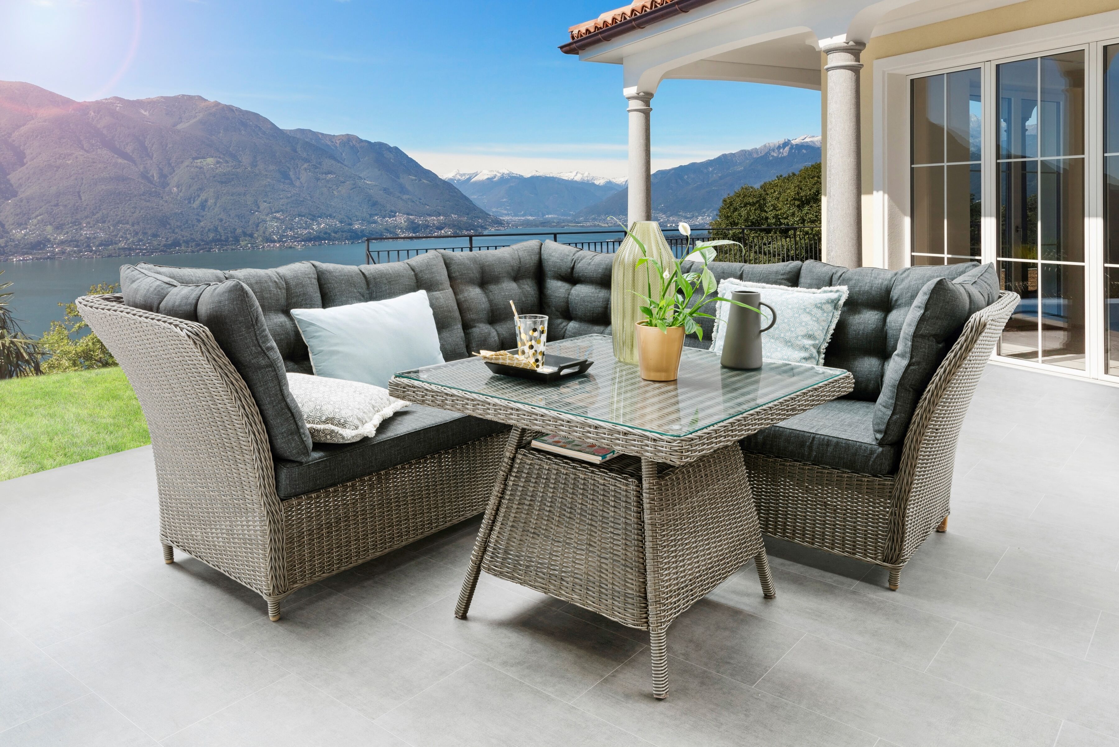 Garten-Essgruppe DESTINY "PALMA LUNA", grau (vintagegrau, anthrazit), Obermaterial: 100% Polyester. Füllung: 100% Polyurethan, Sitzmöbel-Sets, Garten-Essgruppe, Aluminium, Polyrattan
