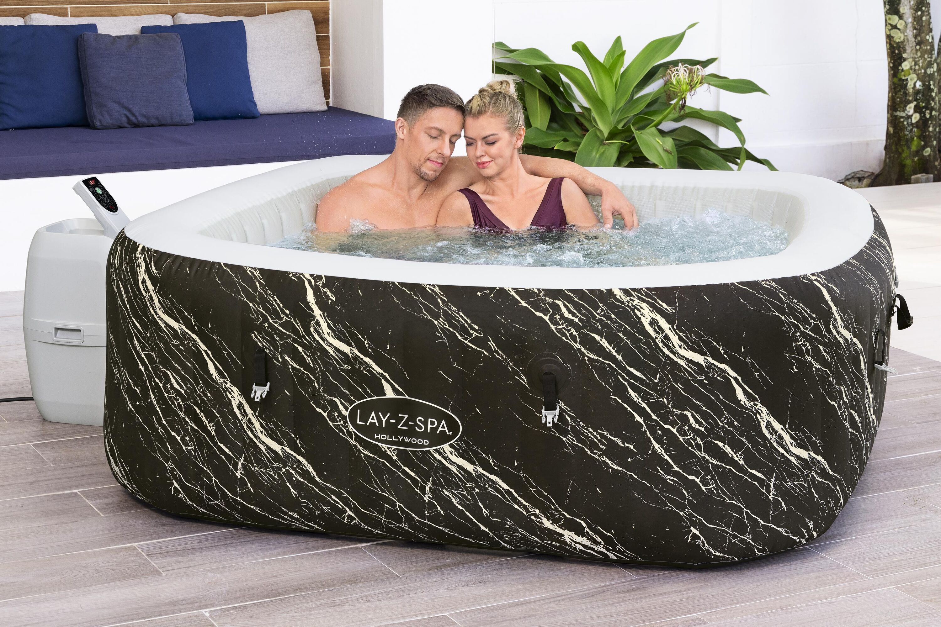 Bestway LAY-Z-SPA LED-Whirlpool Hollywood AirJet für 6 Personen 180 x 180 x 66 cm, Marmor-Optik (Marquinia)