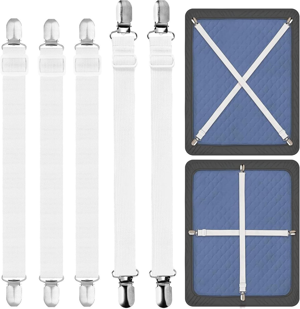Set van 5 witte elastische hoekspanners voor bedlakens met metalen klemmen