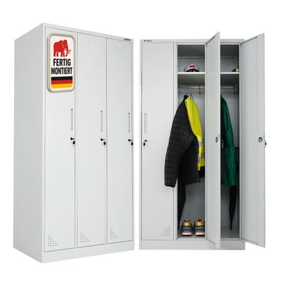 PROREGAL Spind ELEPHANT Metall komplett montiert 3 Abteile 180x90x50cm Kleiderstange Kleiderhaken Lichtgrau Spindschrank Kleiderschrank Metallschrank