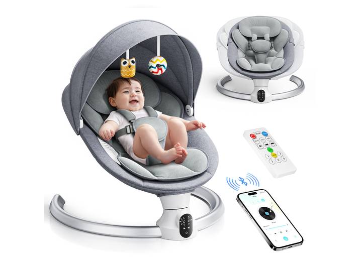 Balançoire électrique pour bébé, balance pour bébé avec application et télécommande de naissance jusqu'à 9 kg, harnais à 5 points, balance pour bébé améliorée avec 3 minuteries