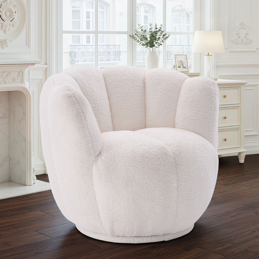 Fairmont Park Alivya Upholstered Boucle Swivel Barrel Chair White 77cm H X 88cm W X 82cm D