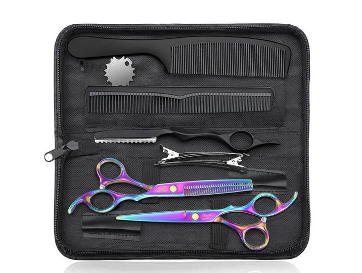Friseurscheren Set 10-teilig mit Effilierschere und Zubehör, Mehrfarbig, Metall, 16.5x1.5x16.5 cm, Freizeit & Co, Wellness & Gesundheit, Körperpflege