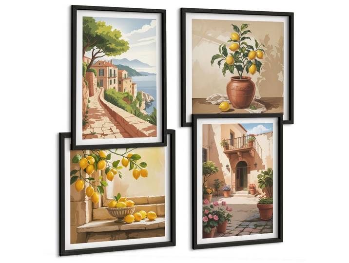 BILDER SET 4er Set - 50x50 cm & 40x60 cm Schwarzer Rahmen - Zitrusfrüchte in der Küche