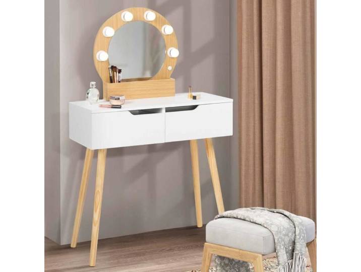 IDMARKET Coiffeuse scandinave 2 tiroirs HORIA bois et blanc avec miroir LED