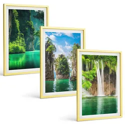 BILDER SET 3er Set - 40x60 cm Goldrahmen - Grüne Landschaften, Wasserfälle