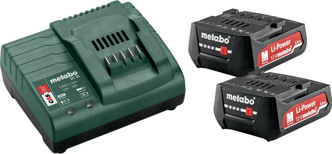 Metabo Akku Basis-Set (2 Akkus 2,0 Ah, Ladegerät SC 30, 12 V, Ersatzakkus)