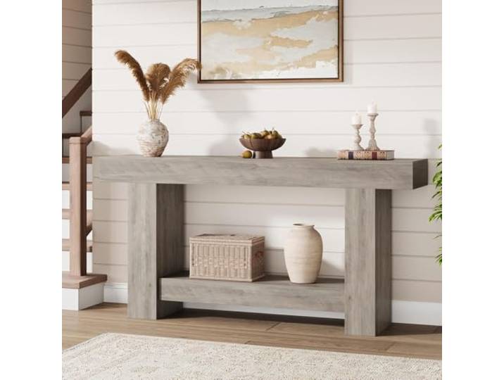 Niwugady Landhausstil Konsolentisch Aus Holz, 2 Ebenen Schmaler Flurtisch Mit Ablage, Offen Vielseitig Konsolentisch Für Wohnzimmer, Flur & Eingangsbereich, 160cm Länge, Grau