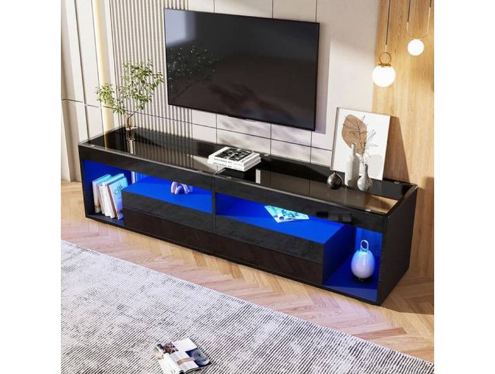 Meuble TV LED ultrabrillant meuble TV noir pour salon avec 2 tiroirs meuble TV console pour salon et chambre à coucher noir
