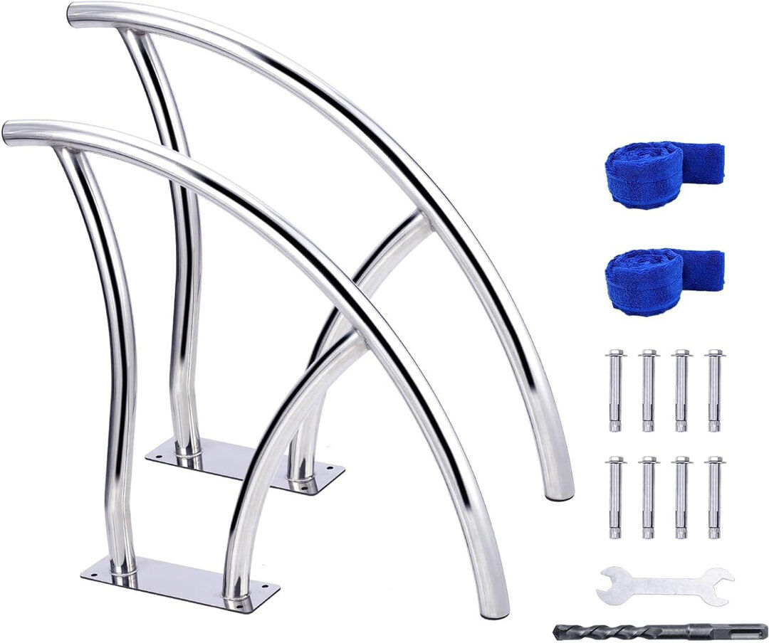 FXSGER 76 cm x 76 cm Stainless Steel Pool Handrail, 250LB Capacity, 304 Rust-Proof Inground Pool Stair Rail with Non-Slip Blue Grip & Mounting Kit for Enhanc Silver 15cm H X 32cm W X 100cm D