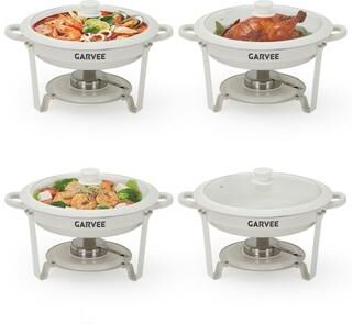 Garvee Round Chafing Dishes for Buffets, 5QT Maifanite-Coated White Buffet Set with Glass Lids, Stainless Steel Food Warmers