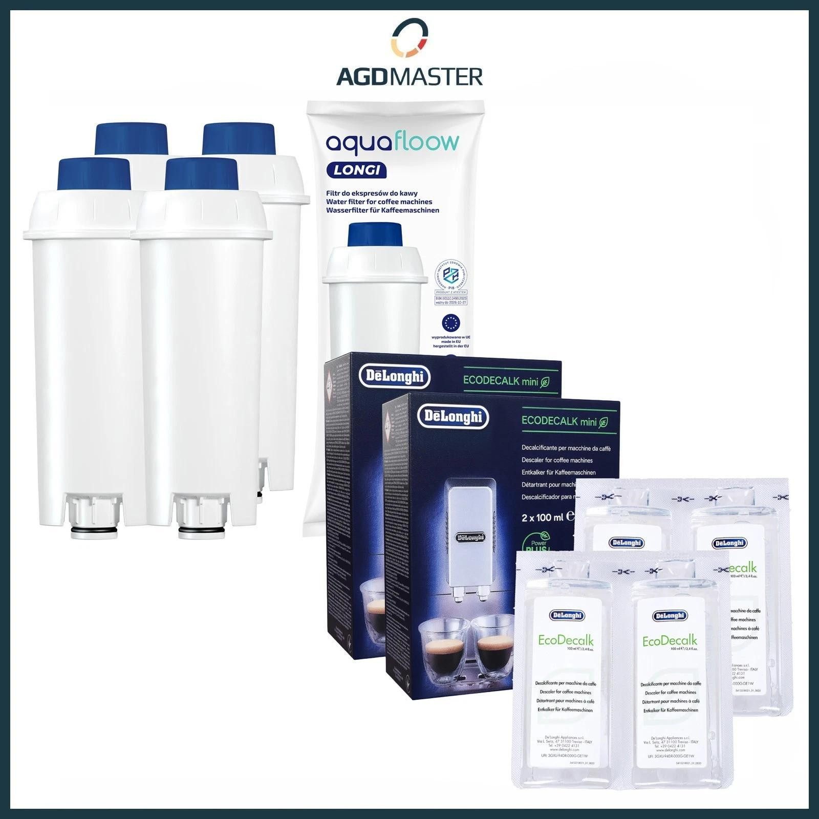 Aquafloow Complete onderhoudsset voor DeLonghi met 4x waterfilter DLSC002 en 4x DeLonghi EcoDecalk 100 ml