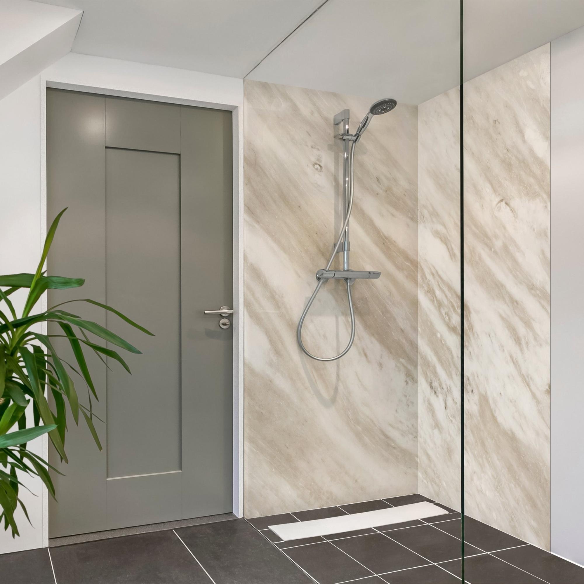 Duschrückwand mit Motiv selbstklebend - 0.61 mm Wandpaneel wasserfest Design beige Marmoroptik Motiv Badrückwand fugenlos Premium matt 110x210 cm