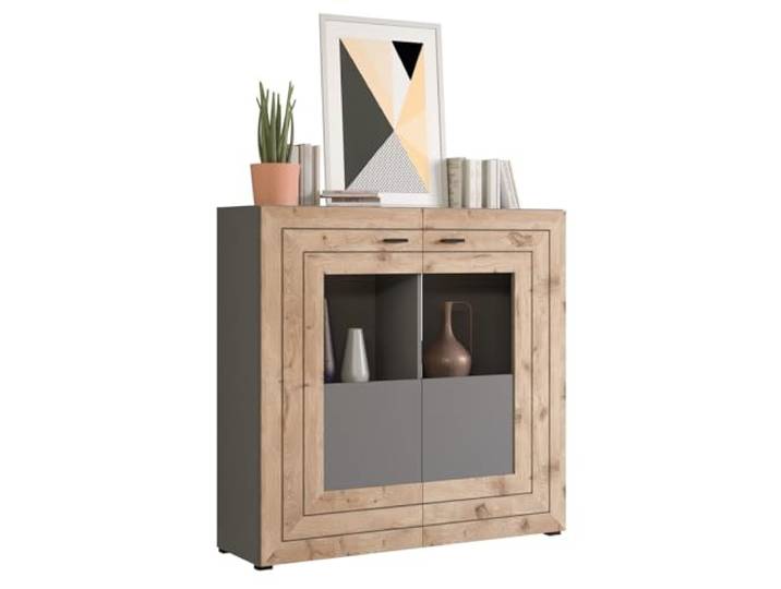 Newroom Highboard Grau Kommode mit Schubladen und Glastüren Wohnzimmer