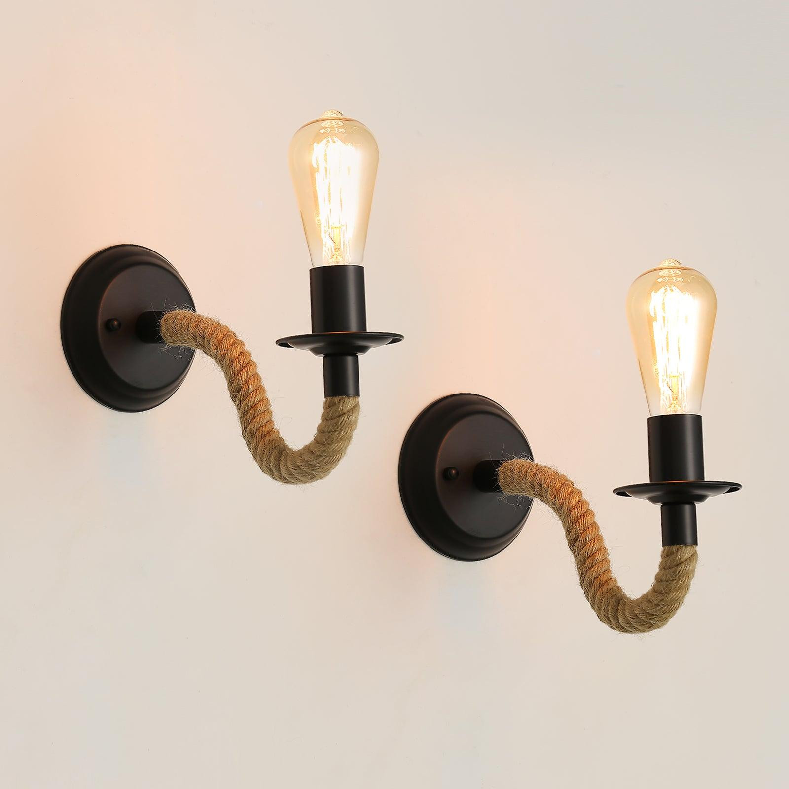 Comely Set van 2 Wandlampen - Retro Design Hennepkoord - Zwart - E27 - Industriële Wandverlichting voor Slaapkamer, Woonkamer of Hal