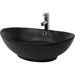 LuxeBath ML-Design Aufsatzwaschbecken Keramik Schwarz matt 59 × 38 × 19 cm, oval, mit Überlauf & Abflussloch, inkl. Ablaufgarnitur – Design Waschtisch