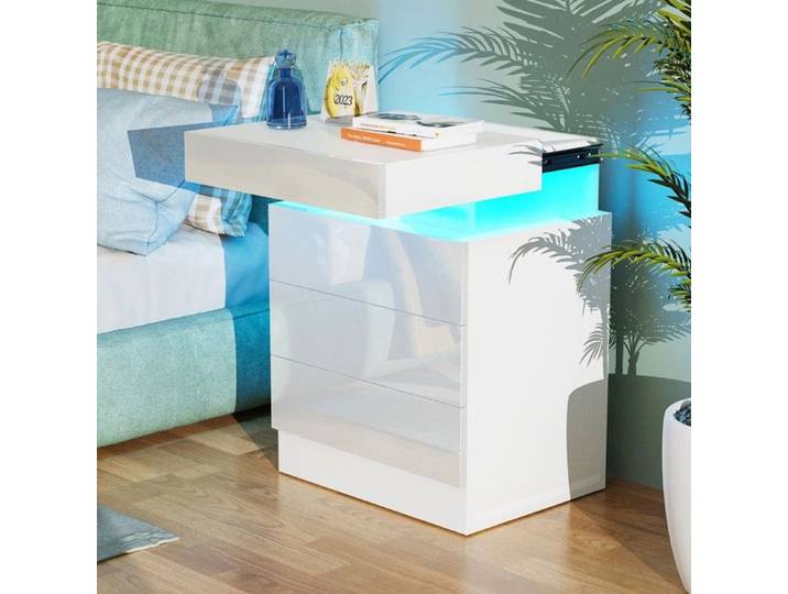 Table de chevet 3 tiroirs - PIPIPOXER - Bande LED Multicolore Réglable - Blanc