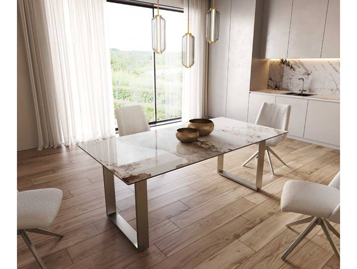 Esstisch Edge 200x100 Keramik Minas Melange Weiß-Beige Edelstahl Schmal, Esstische