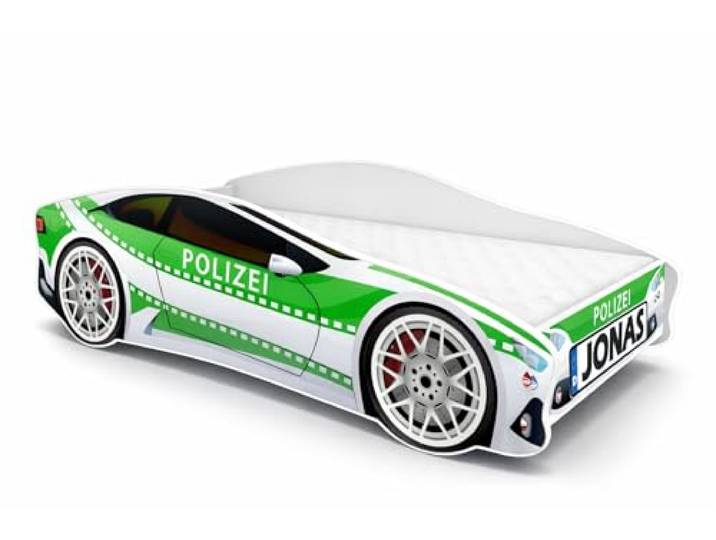 ACMA Autobett Polizei 140x70 cm personalisiert mit Name - Kinderbett Auto im Polizeiwagen Design mit Matratze und Lattenrost, Jugendbett mit Rausfallschutz, Modell Polizei 2, belastbar bis 150 kg